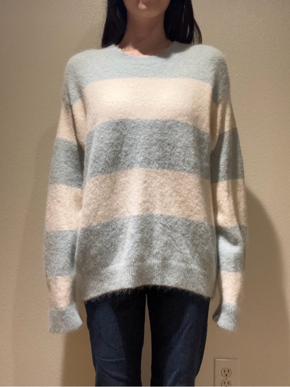 A.P.C. Striped Fuzzy Crewneck Sweater in Pale Blue and Cream